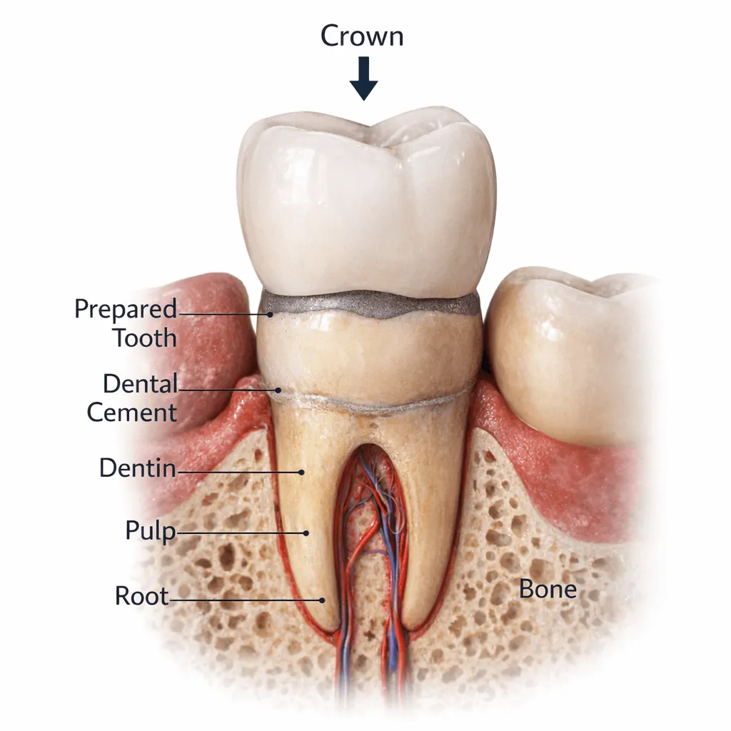 Anatomy of a fitted dental crown showing the crown, prepared tooth, dental cement, dentin, pulp, root and surrounding bone