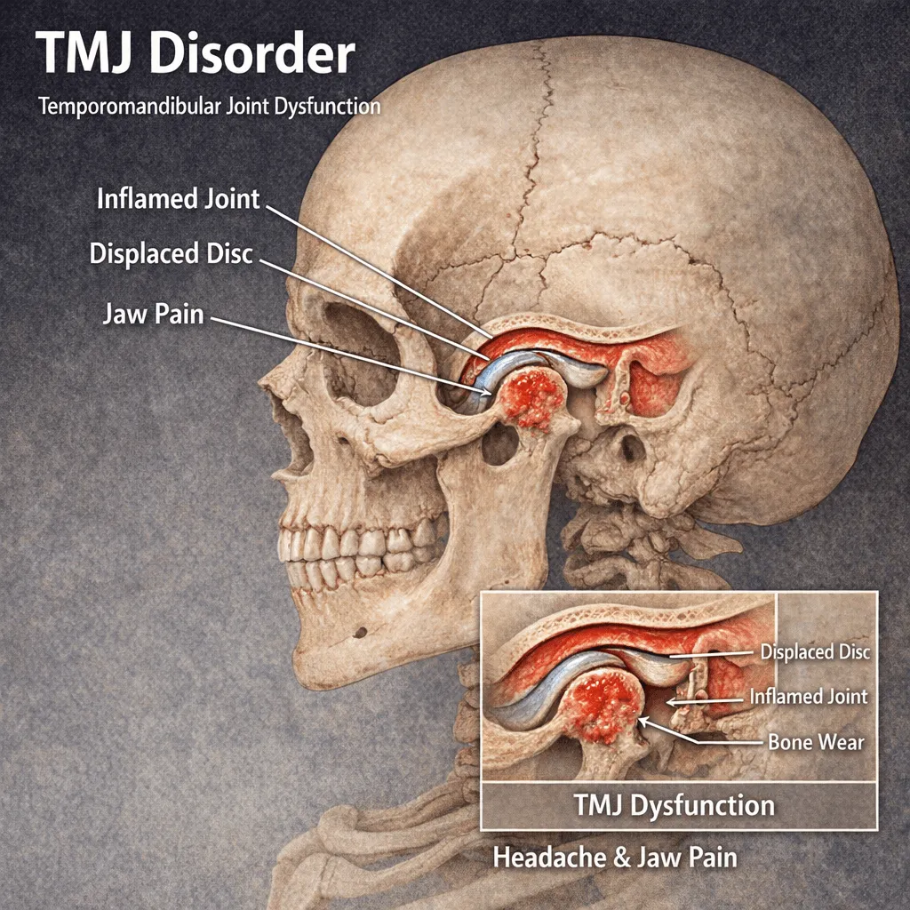Anatomical diagram of TMJ disorder showing a displaced disc, inflamed joint and jaw pain at the temporomandibular joint, with a close-up illustrating bone wear and dysfunction that lead to headache and jaw pain